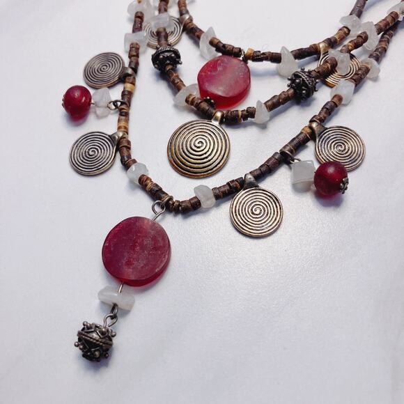 Tribal Multi-Strand Necklace Red Glass Spiral Charms Beaded Boho Statement, Y2K - Picture 2 of 7